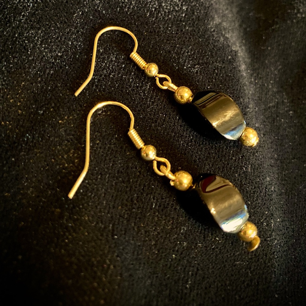 New Black Onyx Dangle Drop Earrings with Gold Accents Limited Edition